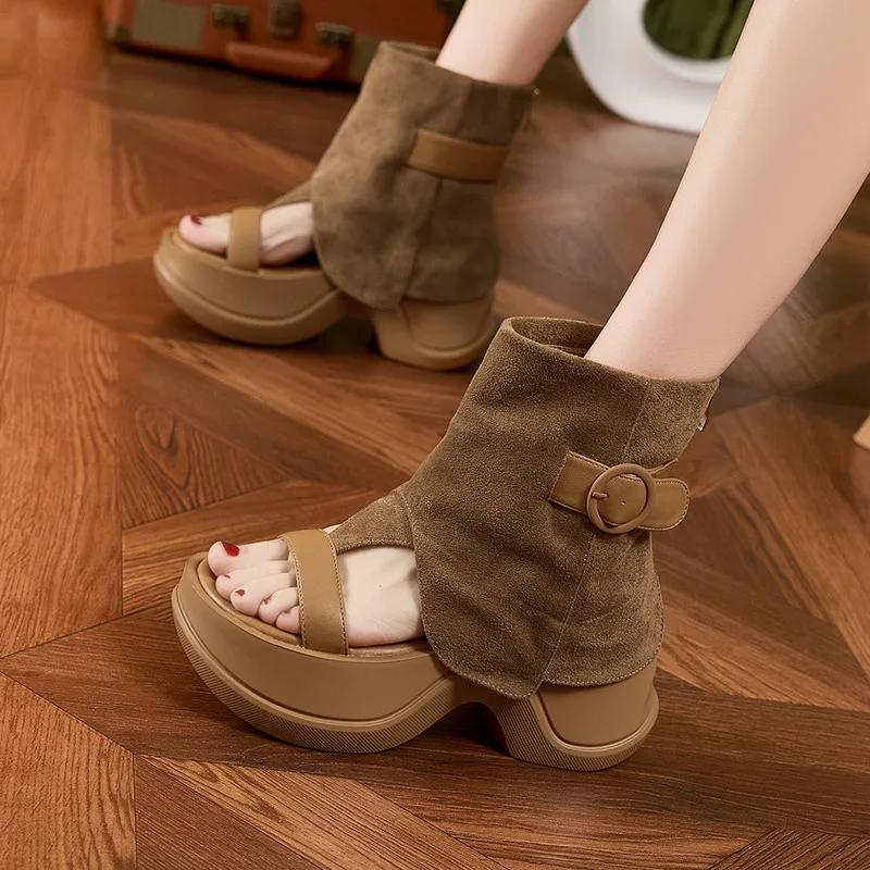 Fashion High Quality 8CM Ethnic Microfiber Leather Mary Jane Ankle Booties Sandals Women Platform Wedge Hollow Zip Peep Toe Shoes Summer
