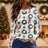 Women's Christmas Print Long Sleeve Top with Round Neck and Side Slit Hem Festive Holiday Blouse
