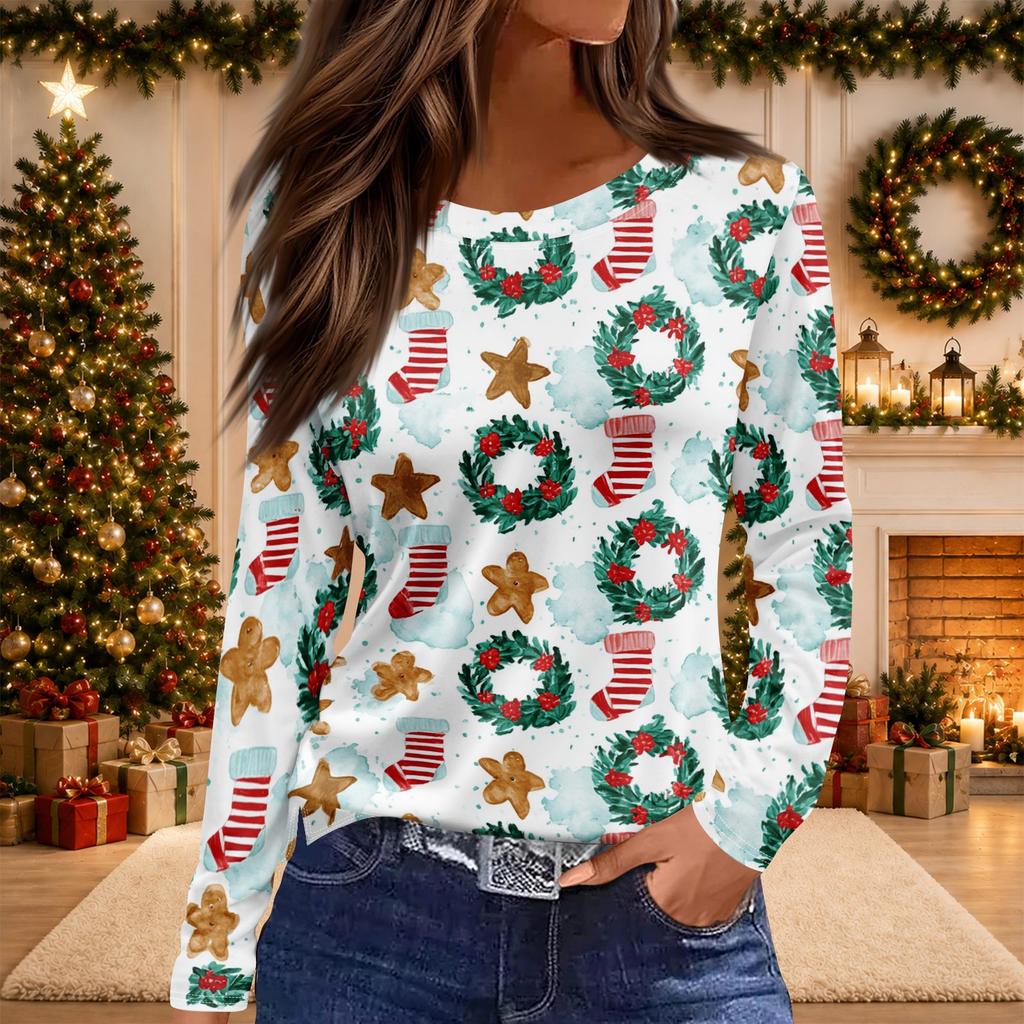Women's Christmas Print Long Sleeve Top with Round Neck and Side Slit Hem Festive Holiday Blouse