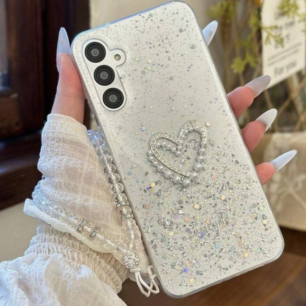 Applicable to iPhone16Promax Epoxy Sequins Apple 17 Women's Pearl Bow Pendant Love Mobile Phone Case