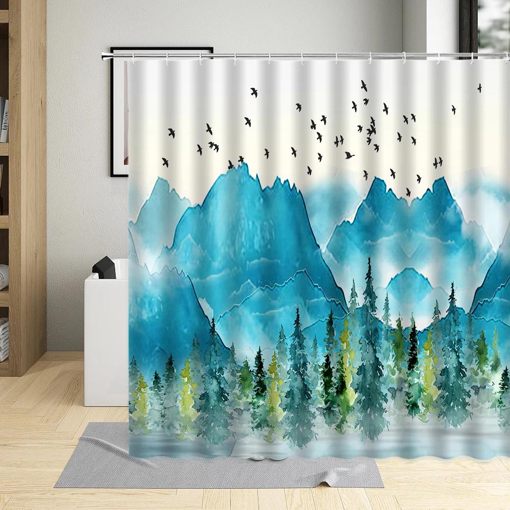 

Chinese Style Shower Curtain Ink Painting Mountain Bird Flower Plant Bamboo Scenery Bathroom Hanging Curtain Set Polyester Cloth 90x180cm-35x70in