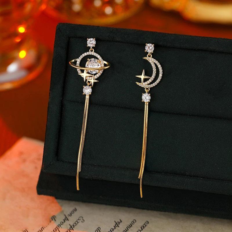 Asymmetrical Star and Moon Earrings - Elegant Luxury Design, High-End Studs with Exquisite, Generous Style