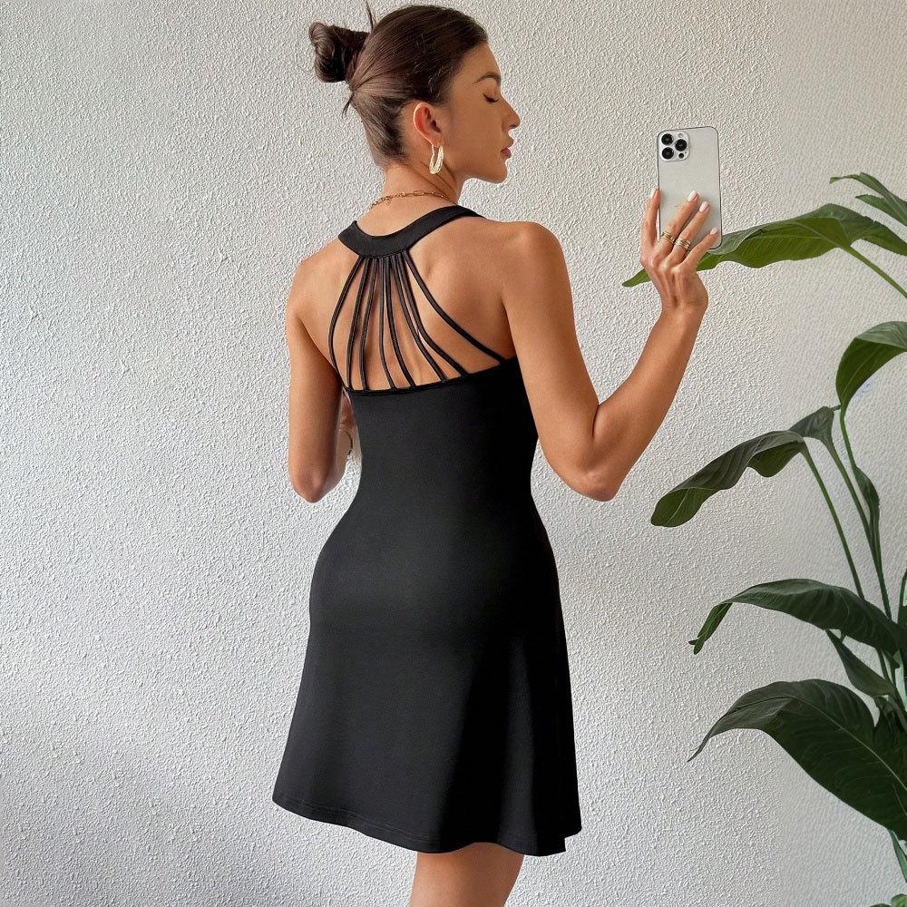 Women Summer Strap U Collar Solid Color Casual All Match One Piece Dress