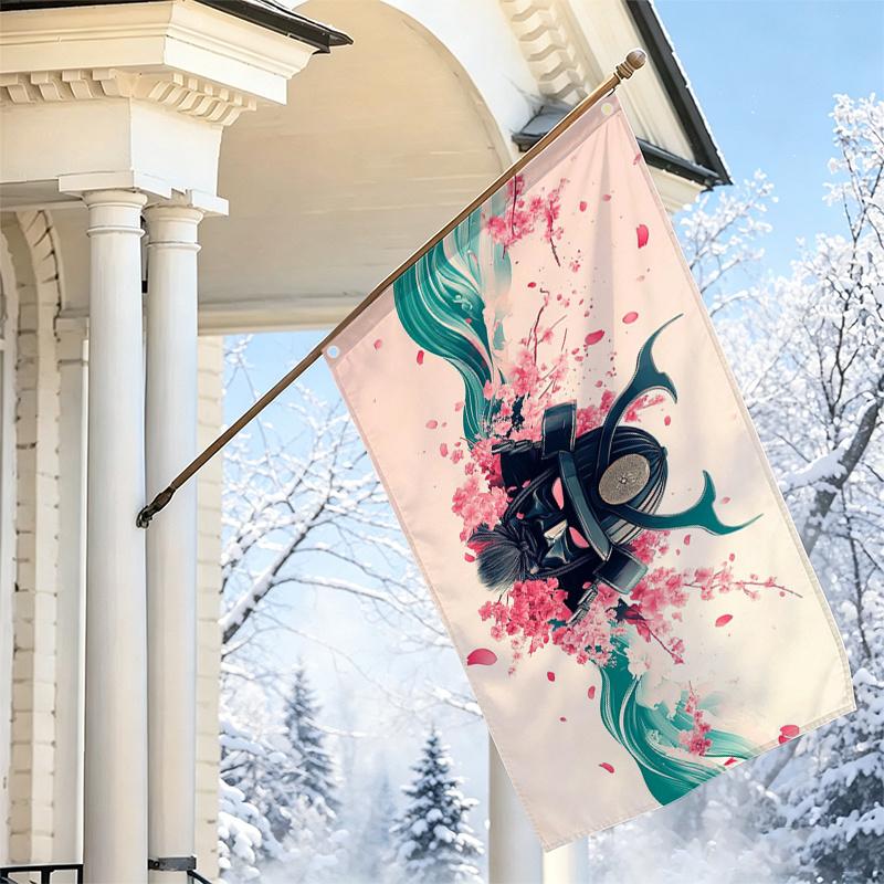 2D Flat - 2D Flat - 1pc 2D Flat, Decorative Flag, Japanese Samurai Helmet Cherry Blossom Trendy Pattern Flag, Single-Sided Printed Cultural Art Banner