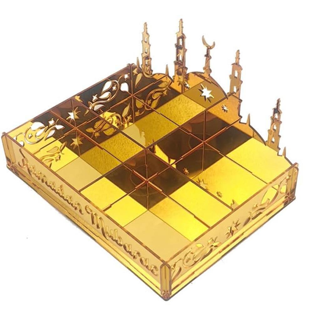 Ramadan Tray Eid Mubarak Serving Tray Hollow Palace Acrylic Mirror Tray Fruit Plate Tableware Dessert Platters DIY Display Holder Ramadan Decor
