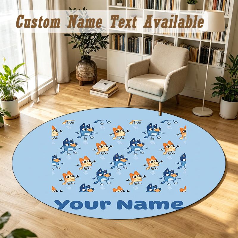 Round Rug Custom NameBluey Pattern Non Slip Carpet Home Floor Decor