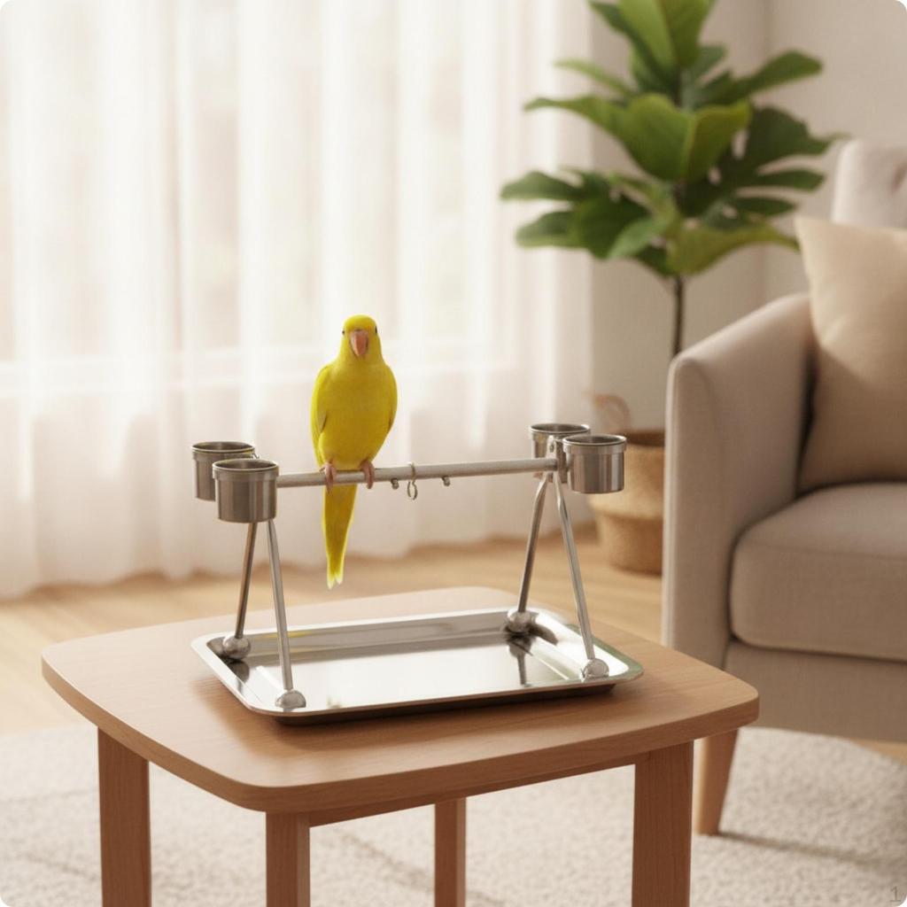 Bird Play Stand with Cups Easy to Clean Stainless Avian Compact for Parrots, Feeding
