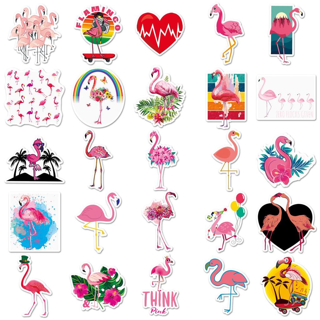 50pcs Flamingo Waterproof Cartoon Stickers for Suitcases, Scooters, Computers, and Tablets