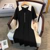 Black and White Color Block Plus-Size Dress - Slimming, Short-Sleeved, Mid-Length, 300 Jin, Summer Style