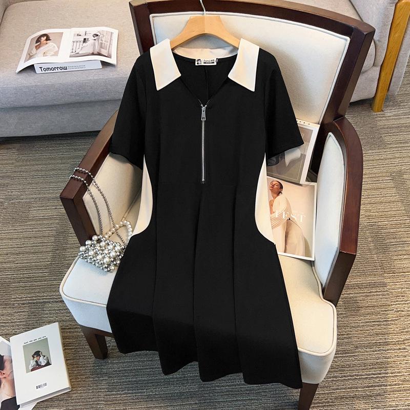 

Black and White Color Block Plus-Size Dress - Slimming, Short-Sleeved, Mid-Length, 300 Jin, Summer Style 7XL (Weight 210-230 Jin) чорний