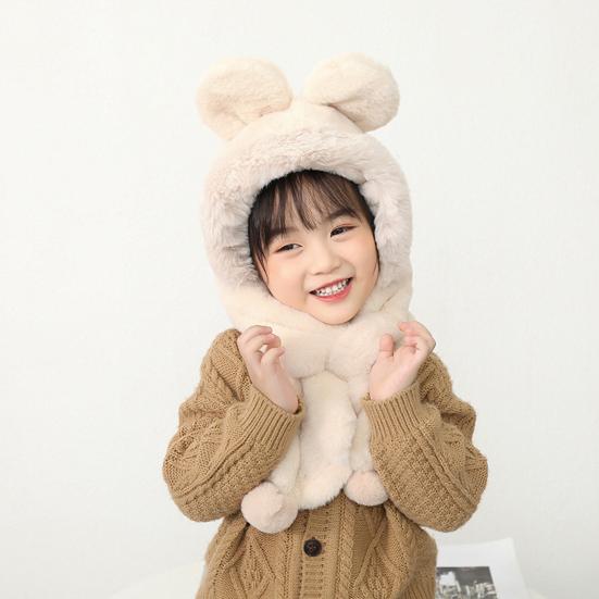 Children Hat with Bear Ear Decoration Solid Color Thickened Plush Warm Hat Scarf Set Kids Cold Weather Hat