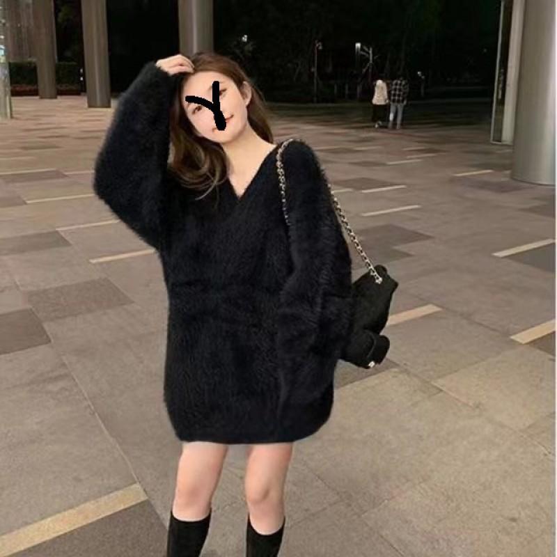 Imitation Mink Hair White Off-the-shoulder Long-sleeved Sweater Women's Soft Waxy Knitted Medium Long Lazy Loose Women