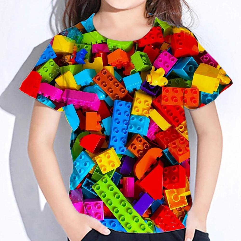 3D Colourful Bricks Short Sleeve Tshirts Summer Children's Boy's Clothing T-Shirt For Girls Kids Clothes Fashion 2026 Tees Tops