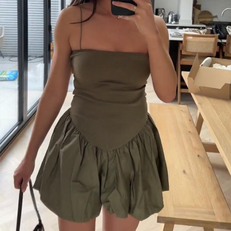 Summer Elegant Y2k Sexy Sleeveless One Peice Dress Women Casual Solid A-line Ruffle Slim Dresses Female Strapless Party Pleated Beach Lady Clothing