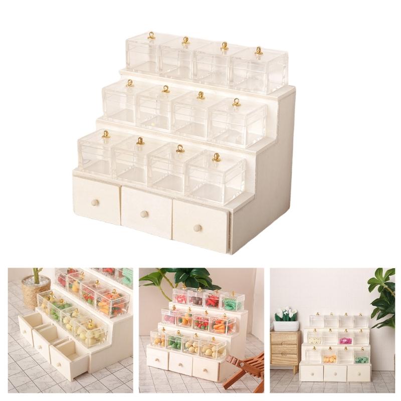 Tiered Display Shelf Wood Tiered Realistic Featured with Functional Drawer for 1/12 Scale Doll House Display Accessories