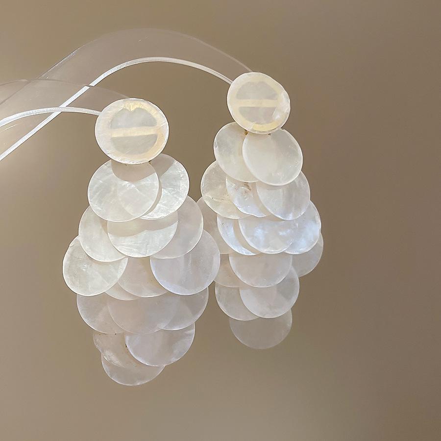 Silver Geometric Seashell Tassel Stud Earrings – Beach Vacation Style for Women
