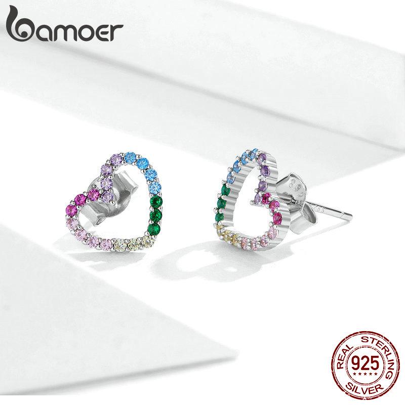 Bamoer Pink Heart Stud Earrings for Women 925 Sterling Silver Rainbow Amour Ear Studs Jewelry Gift