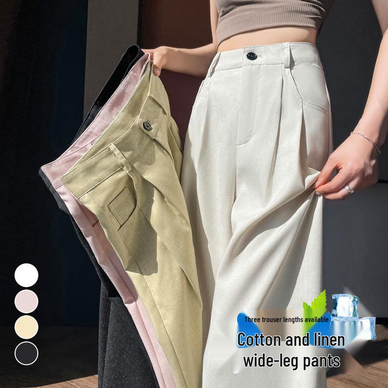 2026 Summer Women's High Waist Wide Leg Cotton & Linen Ice Silk Pants