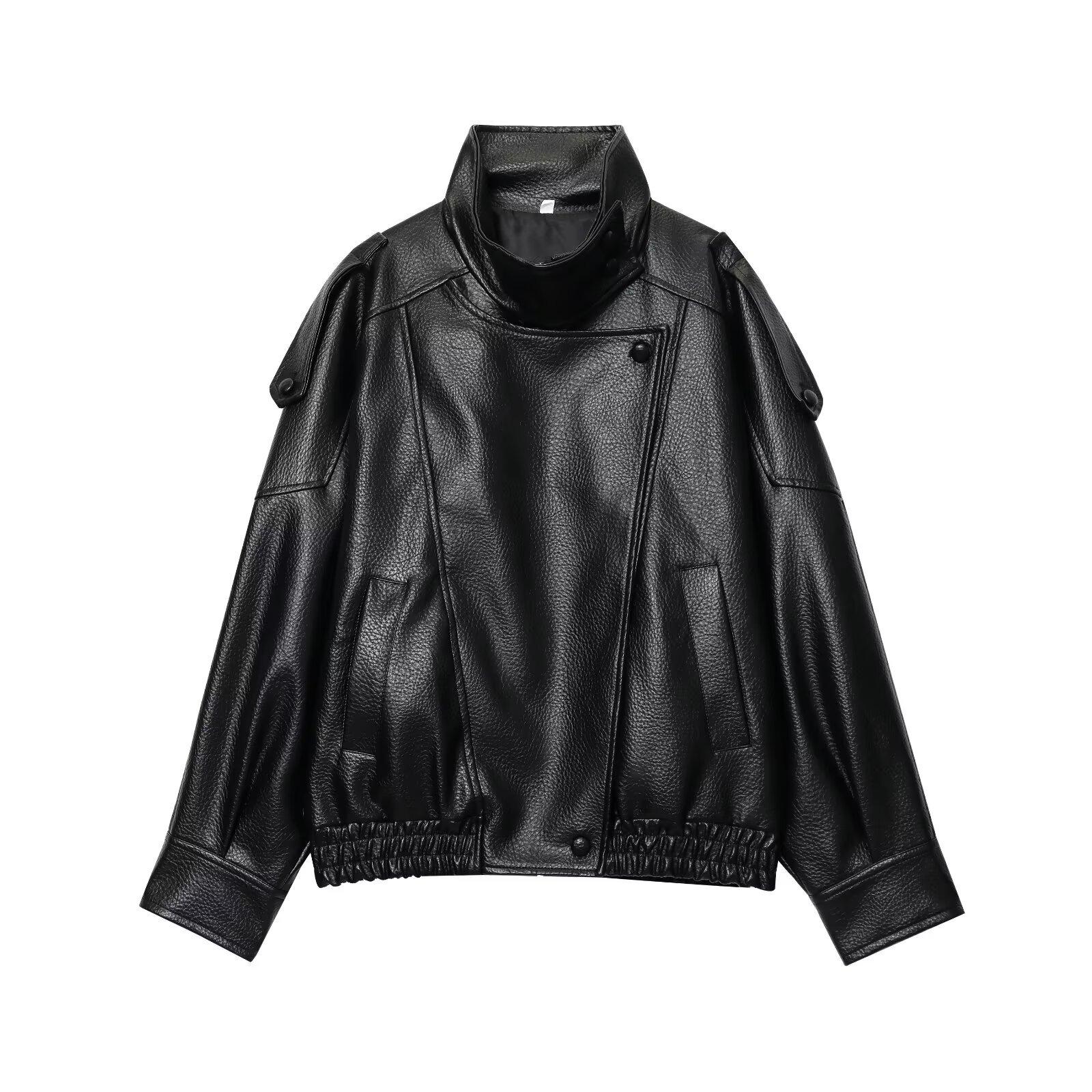 European and American women s clothing popular fashion stand-up collar imitation leather jacket XS чёрный