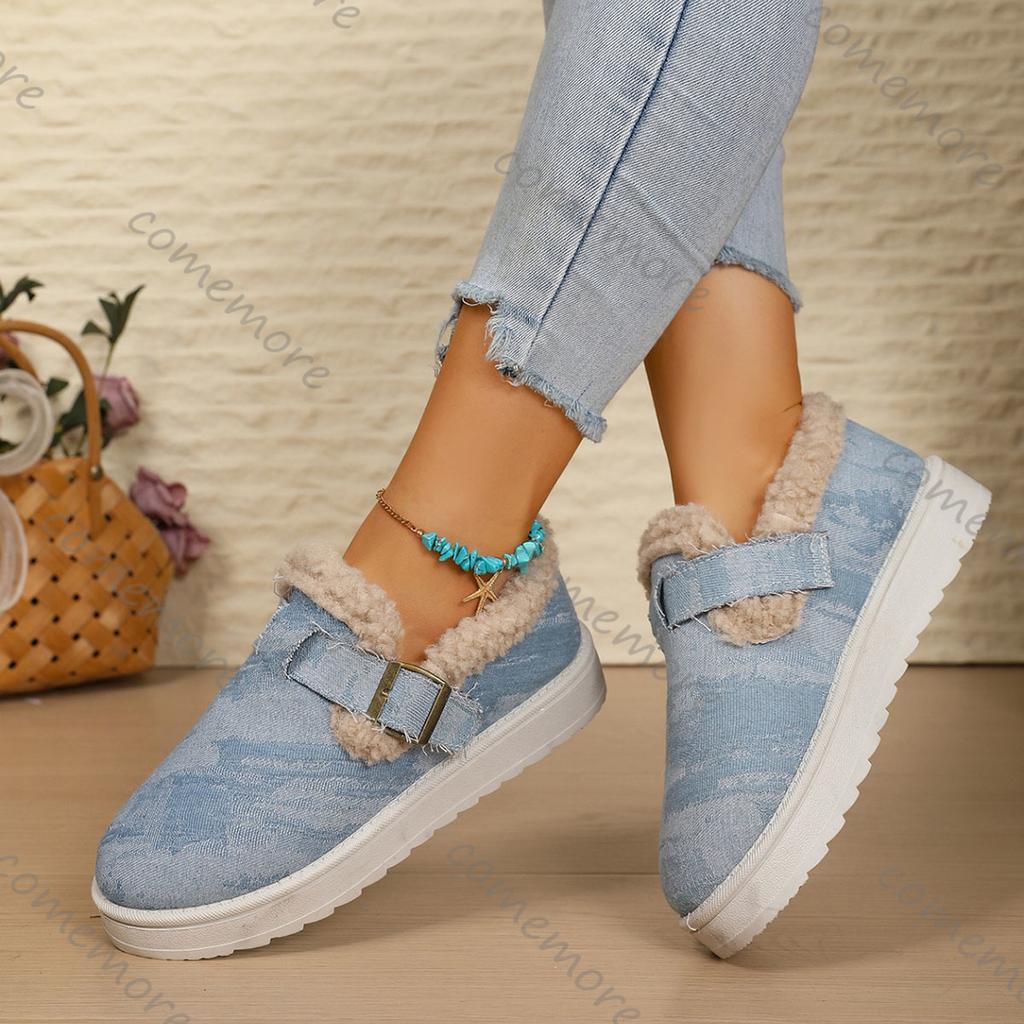 Fashion Comemore Autumn and Winter Fur Women's Shoes Warm Padded Cotton Shoes Round Head Flat Bottom Slip On Fashion Snow Boots Female