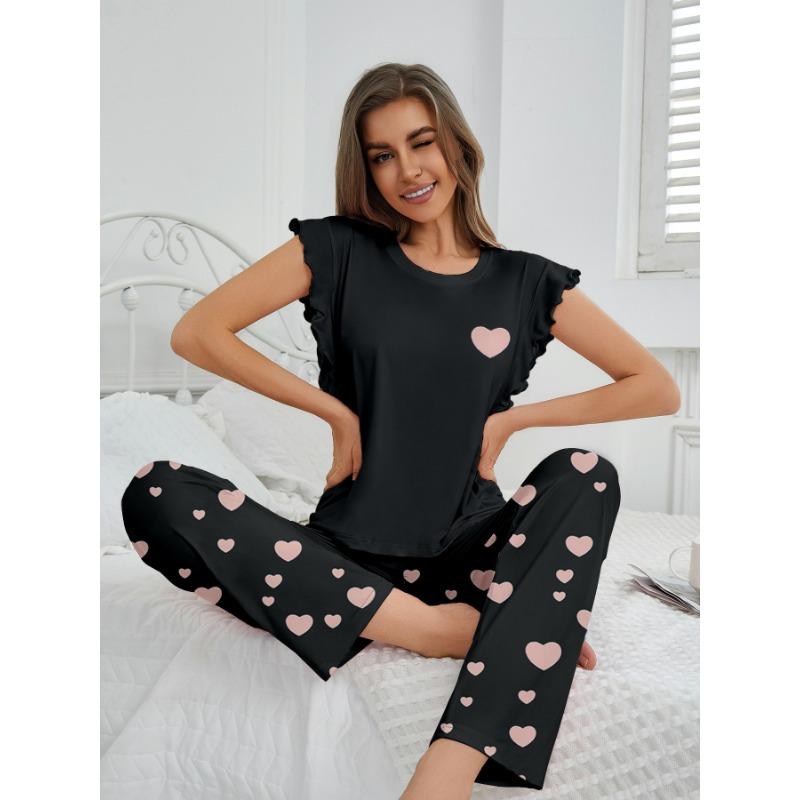 Summer Pijama Women Graphic Print Pajamas Set Short Sleeve Crew Neck Tops Elastic Waistband Pants Women's Black Sleepwear Loungewear Pj