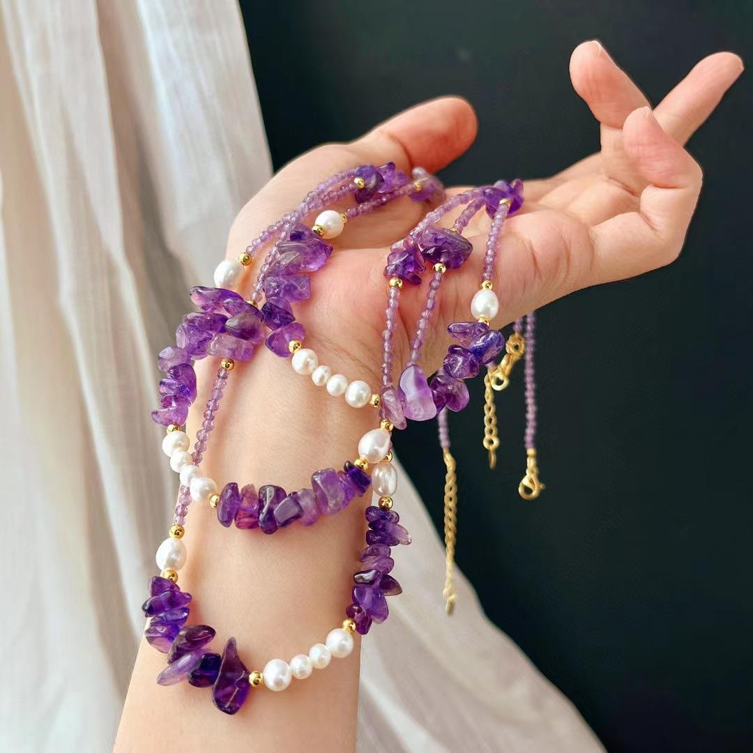 Vintage Natural Royal Amethyst Natural Freshwater Pearl Necklace Niche Design Sense Clavicle