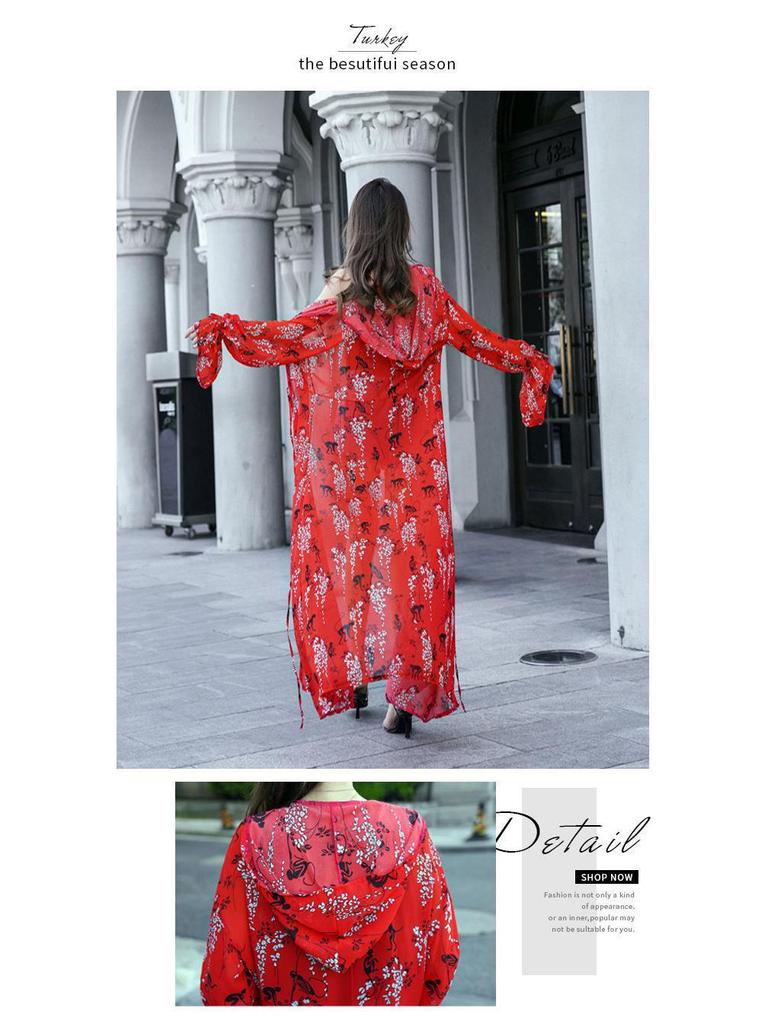 Hooded Beach Print Chiffon Cardigan for Women – Flowy, Breathable, Sun Protection Cape