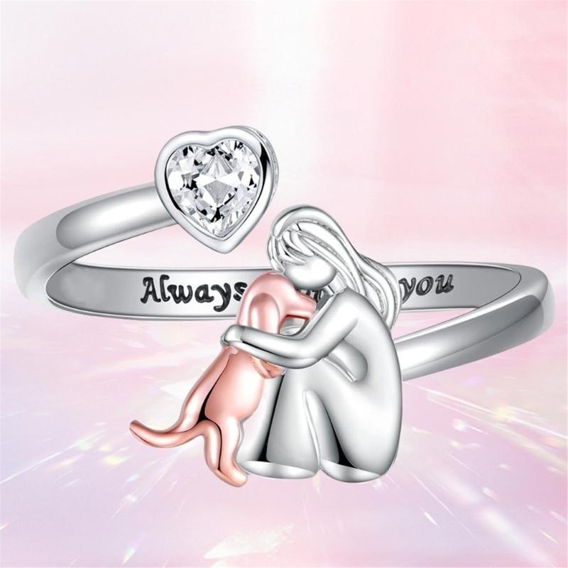 Electroplated Adjustable Heart Rings With Girl and Dog Charm Sturdy Designs for Animal Lovers and Fashion Enthusiasts
