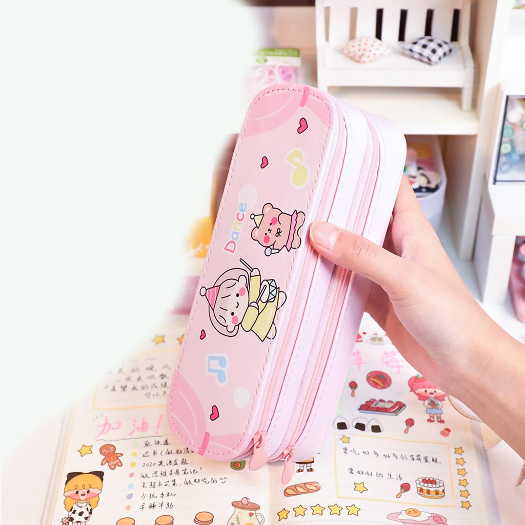 Double Layer Pencil Pouch Large Capacity Simple Style Waterproof Dustproof Canvas Pen Holder Bag for Girl Students