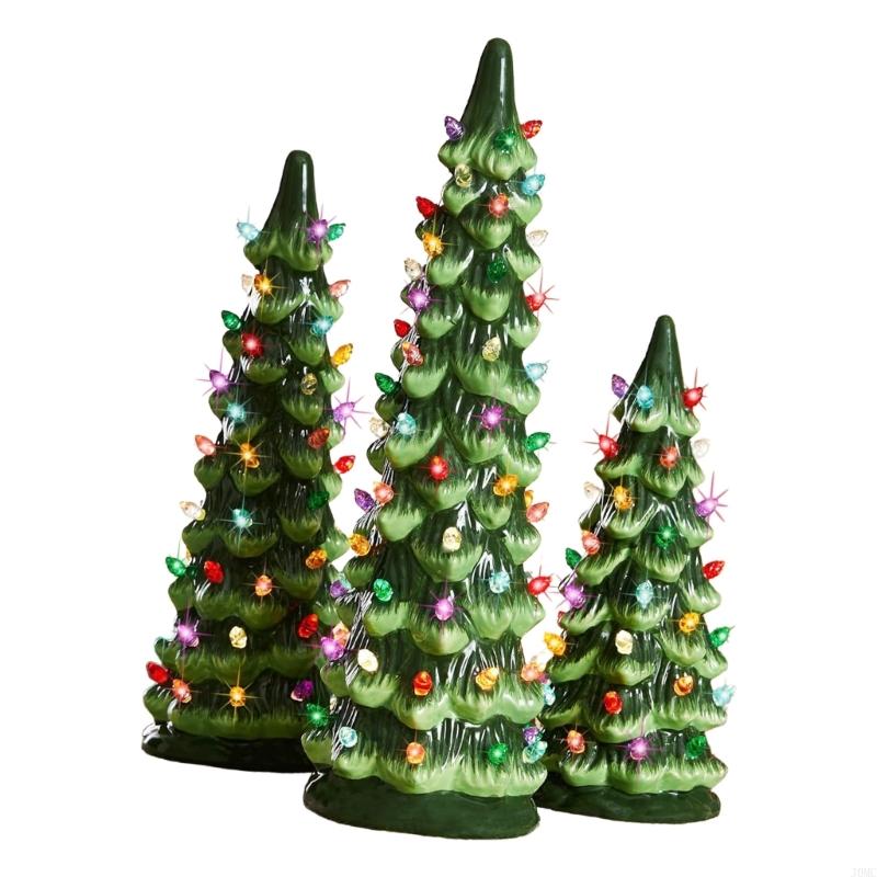 Ceramic Christmas Trees, Pre-Lit Hand-Painted Tabletop Holiday Decoration w/Multicolor Bulbs, LED Lights – Green J0MC