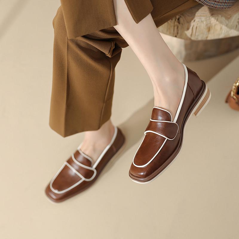 2024 Neue Mode Frühling/Herbst Damen Slipper Rindsleder Karree Zehe Klobiger Absatz Damenschuhe Lässige Pumps mit niedrigem Absatz für Damen