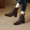 Mote Høst/Vinter Dame Støvletter Firkantet Tå Høy Hæl Sko for Kvinner Svarte Lærstøvletter Dame Snøring Håndlagde Sko Botas de mujer