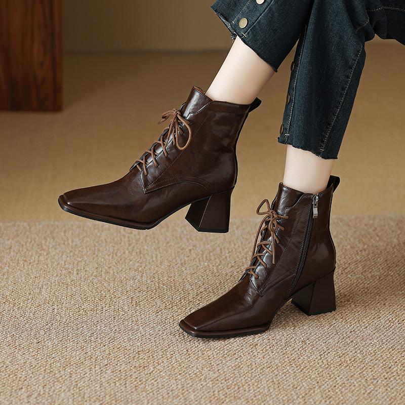 Mote Høst/Vinter Dame Støvletter Firkantet Tå Høy Hæl Sko for Kvinner Svarte Lærstøvletter Dame Snøring Håndlagde Sko Botas de mujer