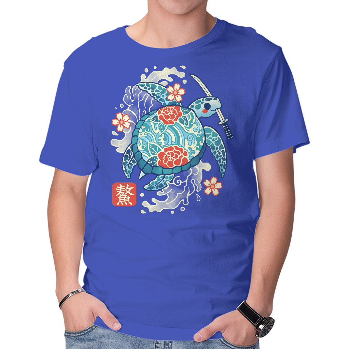 Unisex Crew Neck T-Shirt Japanese Sea Turtle Graphic Short Sleeve Casual Tee S