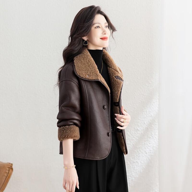 Women's Fleece Lined Faux Leather Lapel Jacket