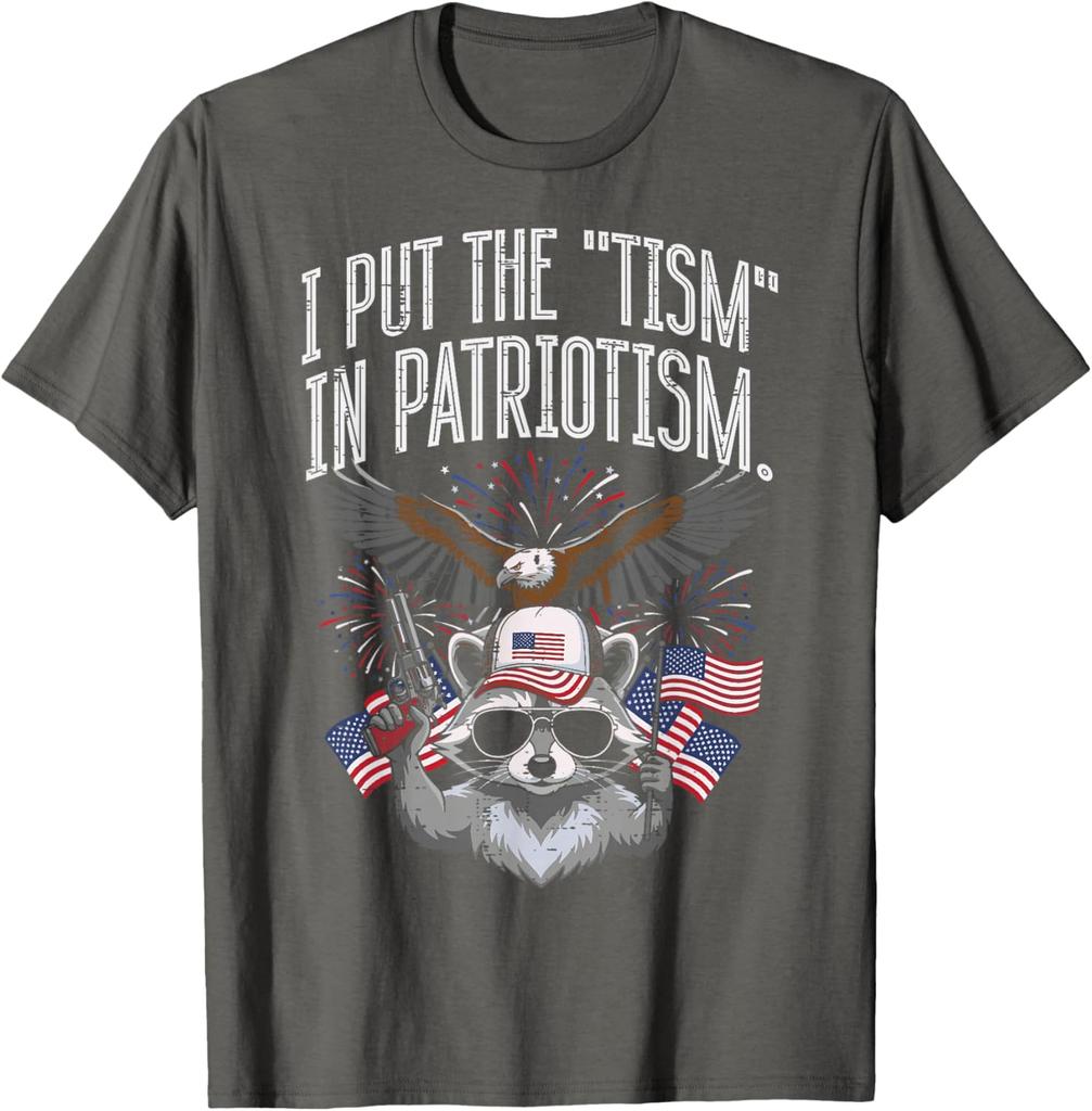 I Put The Tism In Patriotism Raccoon Funny Graphic Print Round Neck Cotton T Shirt Casual Tops