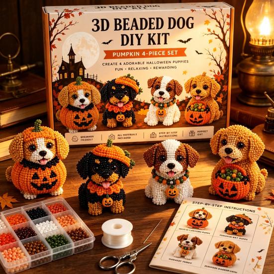 Crafts for Cat Dog Lovers 3D Halloween DIY Art Set, Beaded Puppy Craft Kit, Cute Funny Animal Theme Crafting Set Kit Beginners Adults, Home Desk Decor