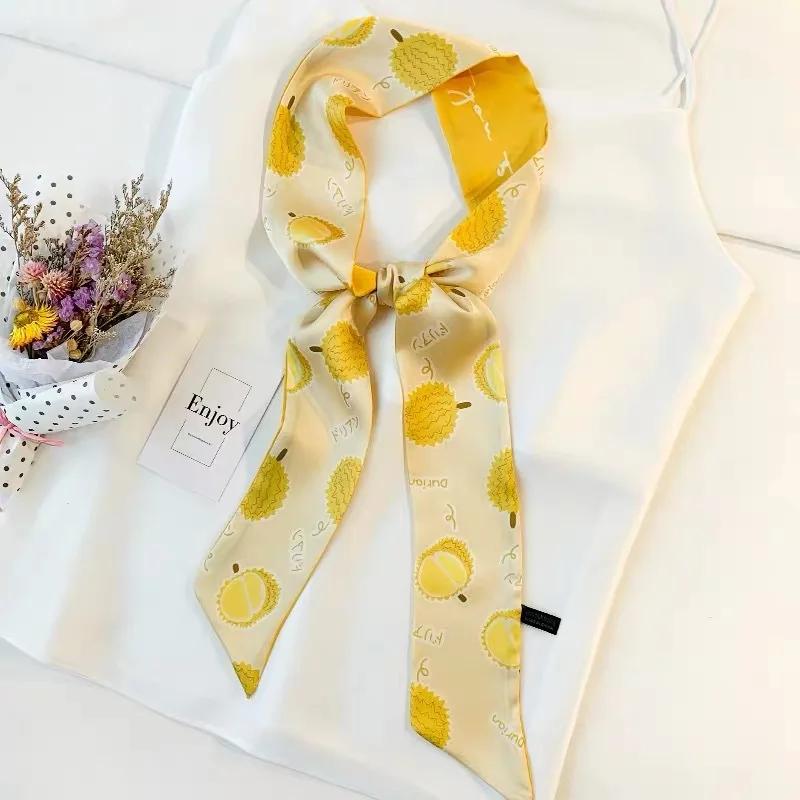 Long Skinny Hair Scarf For Women Fashion Fruit Print Kerchief Cute Headband Silk Satin Neck Scarfs 7*130cm Band Bag Scarves