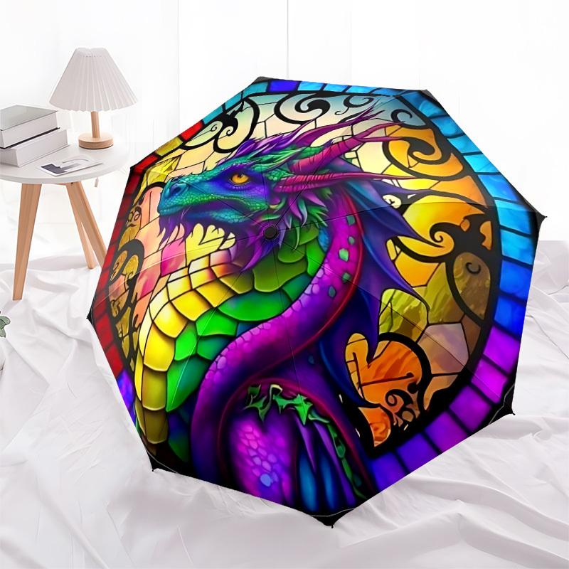 1pc Stained Glass Dragon Folding Umbrella | Elegant Design, Fashionable Accessory, Durable Construction, Sturdy Ribs yy251107002