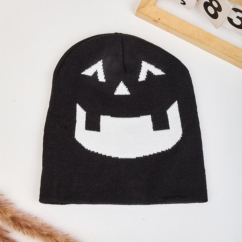Devil Smiley Face Halloween Knit Hat with Ear Protection and Pumpkin Embroidery