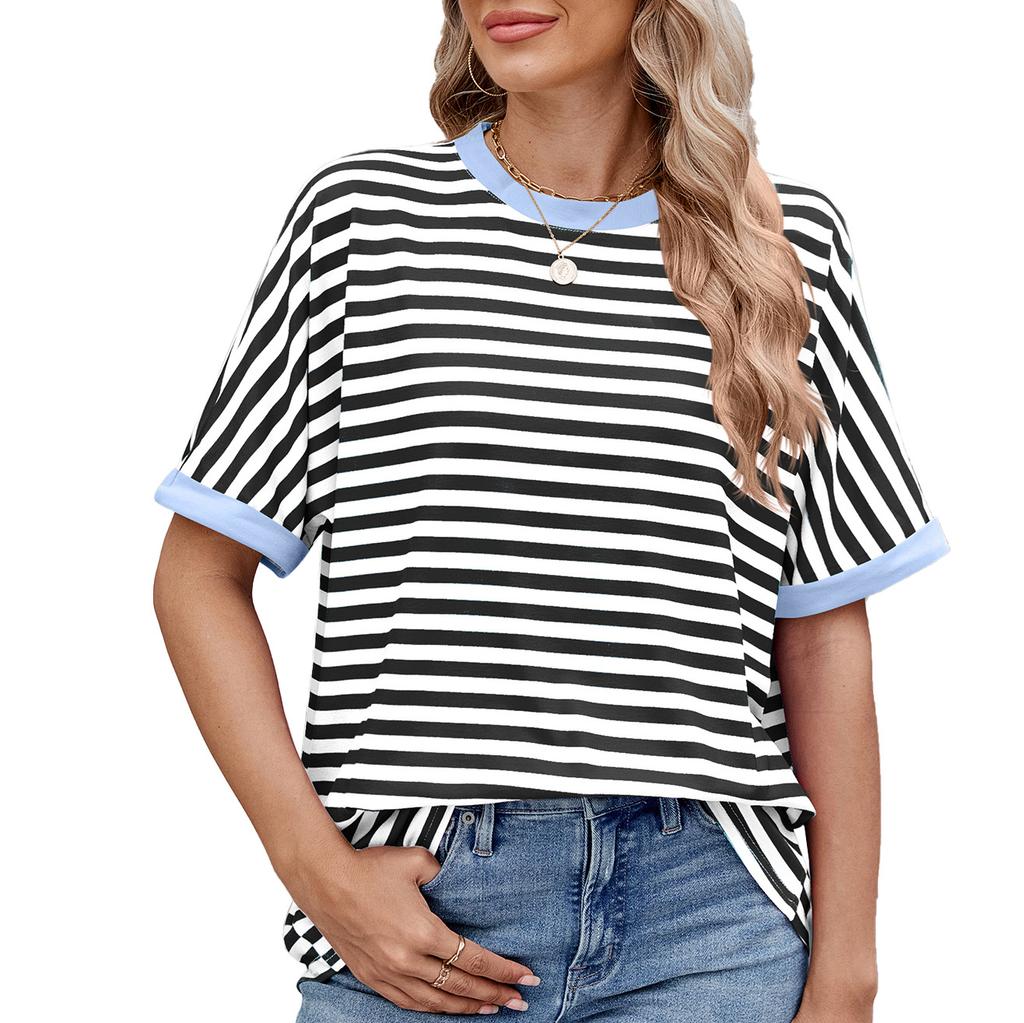 Summer Loose Fit Striped Round Neck T-Shirt Women