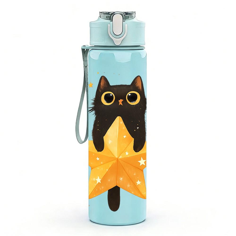 1PC Starry Black Cat Cartoon 750ml Color Plastic Sports Water Bottle Leakproof Flip Straw Lid Suitable for Sports Office Home Use