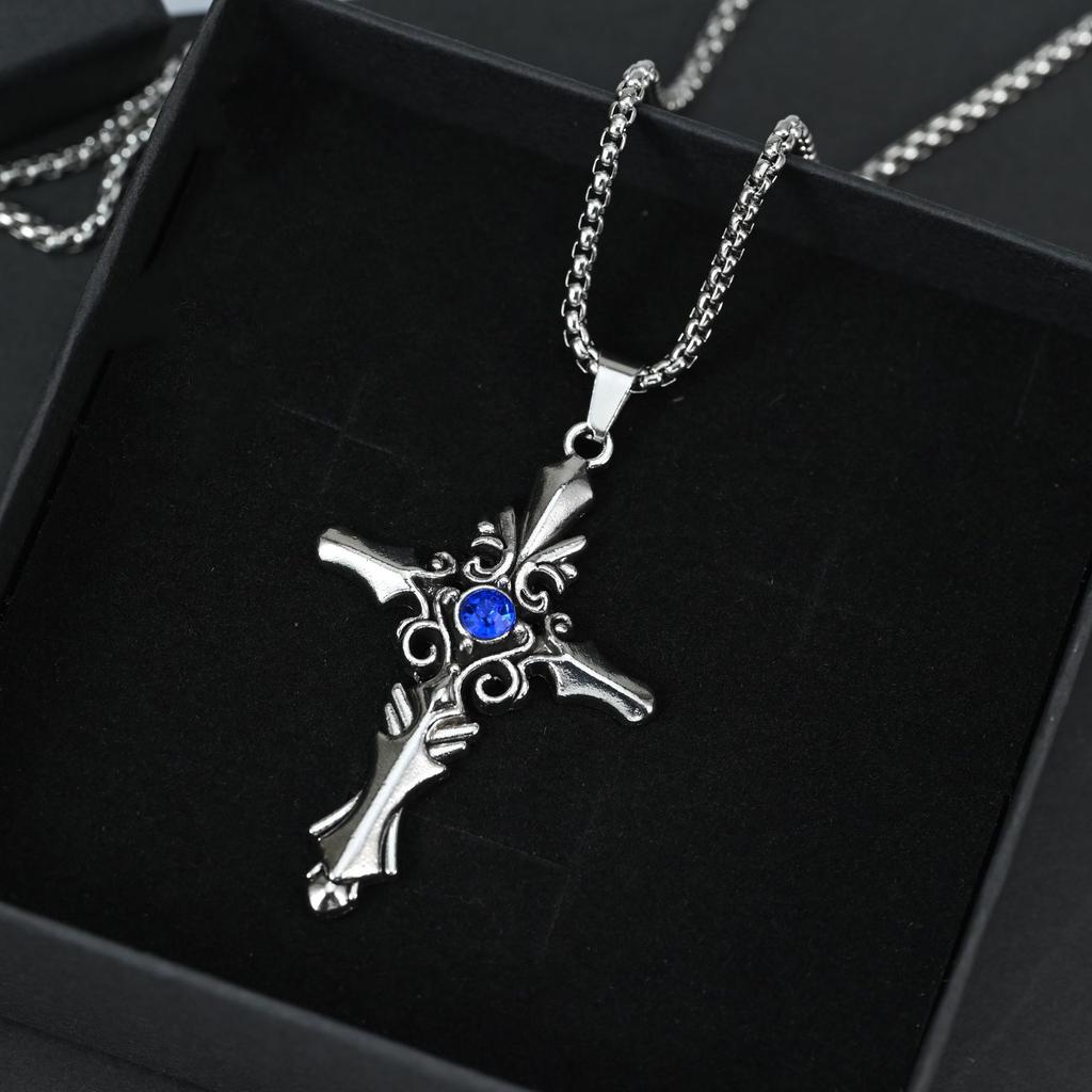 Halloween Retro Diamond-Encrusted Cross Necklace Rhombus Domineering Male Street Hip-Hop Jewelry Pendant
