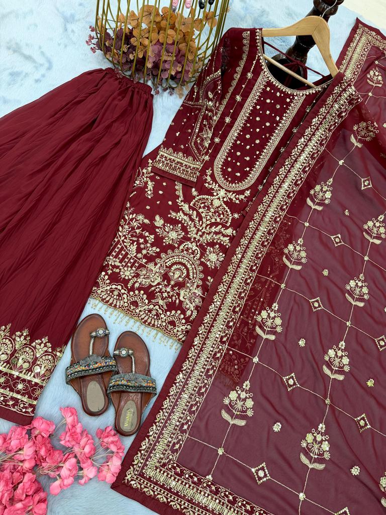 Women Maroon Sharara Salwar Suit Indian Pakistani Designer Salwar Kameez Bollywood Party Wear