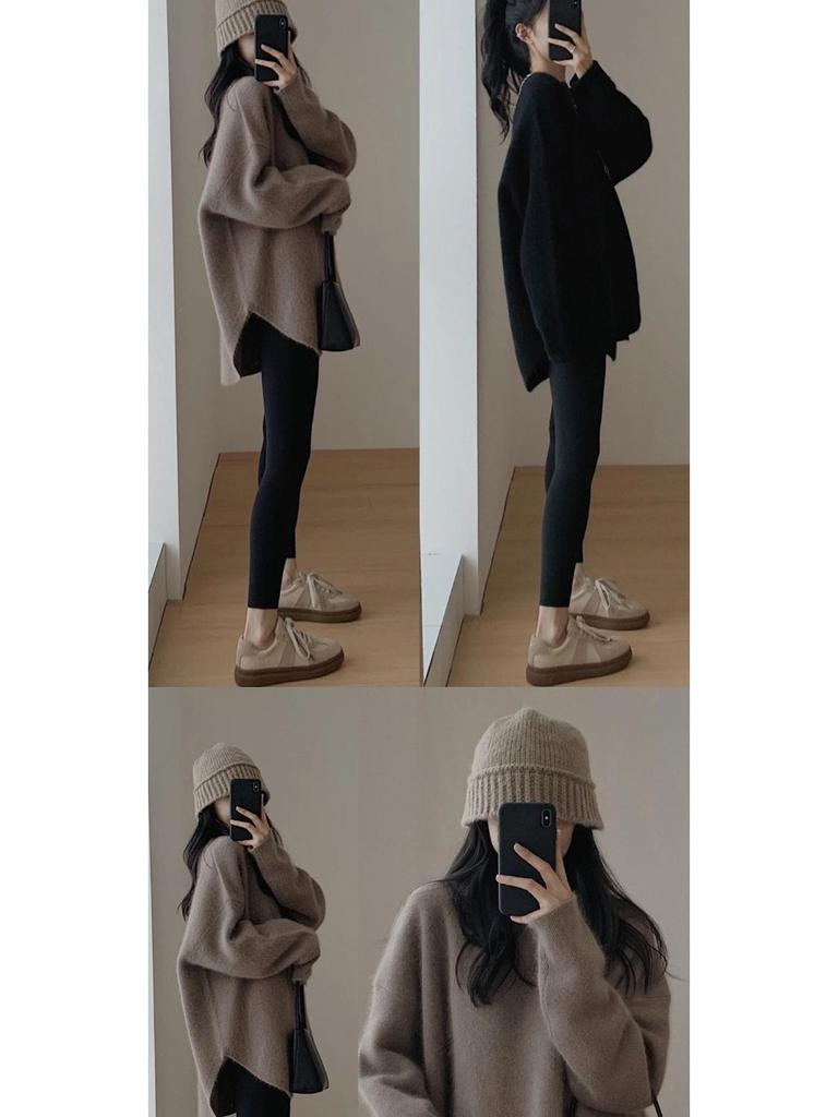 Women's Mid-Length Retro Split Knit Raccoon Velvet Sweater - Autumn/Winter