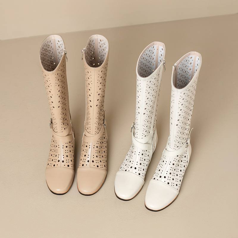 Krazing Pot Rindsspaltleder Runde Zehe Größe 43 Sommerstiefel Mode Ritterstiefel Hohle Verzierungen Herbststiefel Oberschenkelhohe Stiefel