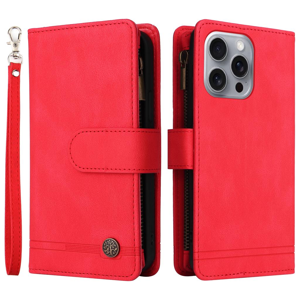 For iPhone 16 Pro Max Case Zipper Pocket Hand Strap Leather Phone Cover