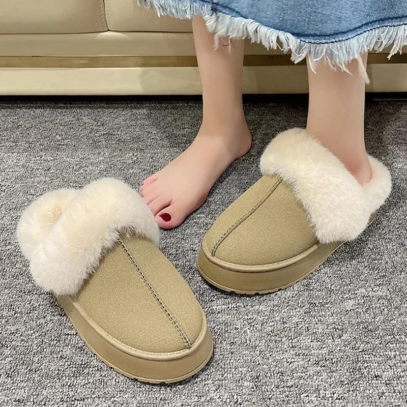 Fashion Women Thick Sole Faux Fur Slippers Winter Plush Warm Cotton Shoes Woman Indoor Outdoor Non Slip Fluffy Platform Slippers 2024