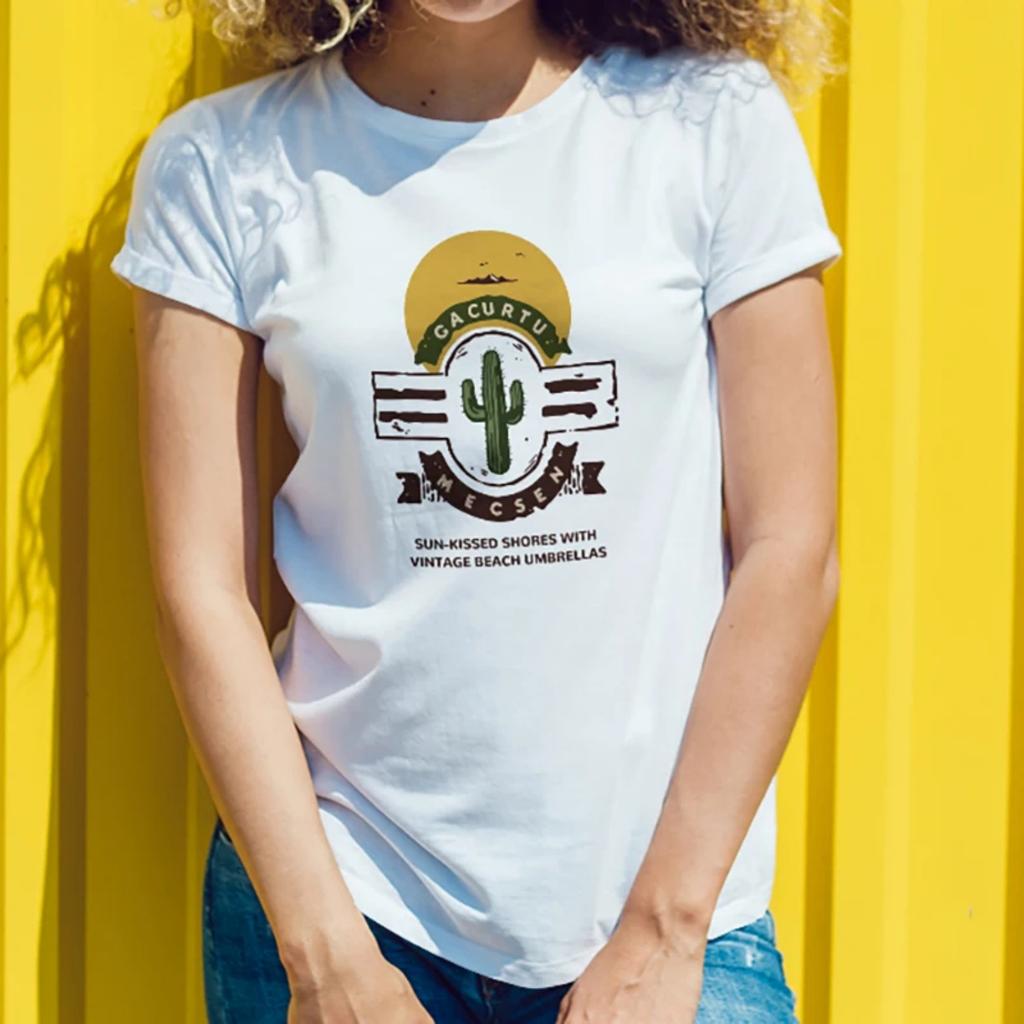 Women's Short Sleeve T-Shirt Cactus Cactus Motif Sun kissed Shores Print for Beach Outings Young Women with a Retro beach Style