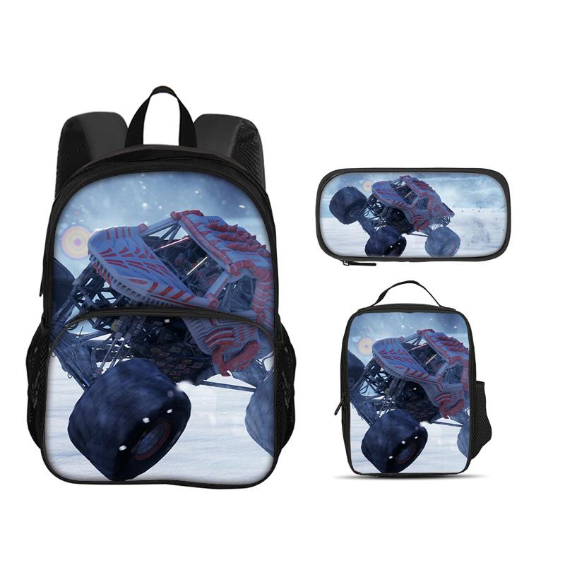 Monster Jam Round Front Bag Backpack Pen Bag Ice Bag 3Pcs Set Cartoon Print Student's Best Campus Companion Birthday Gift